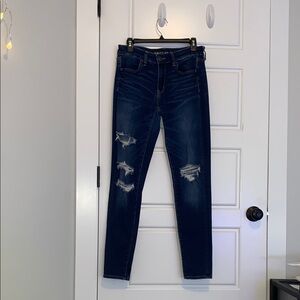 American Eagle LONG Blue Skinny Jeans with Distressing